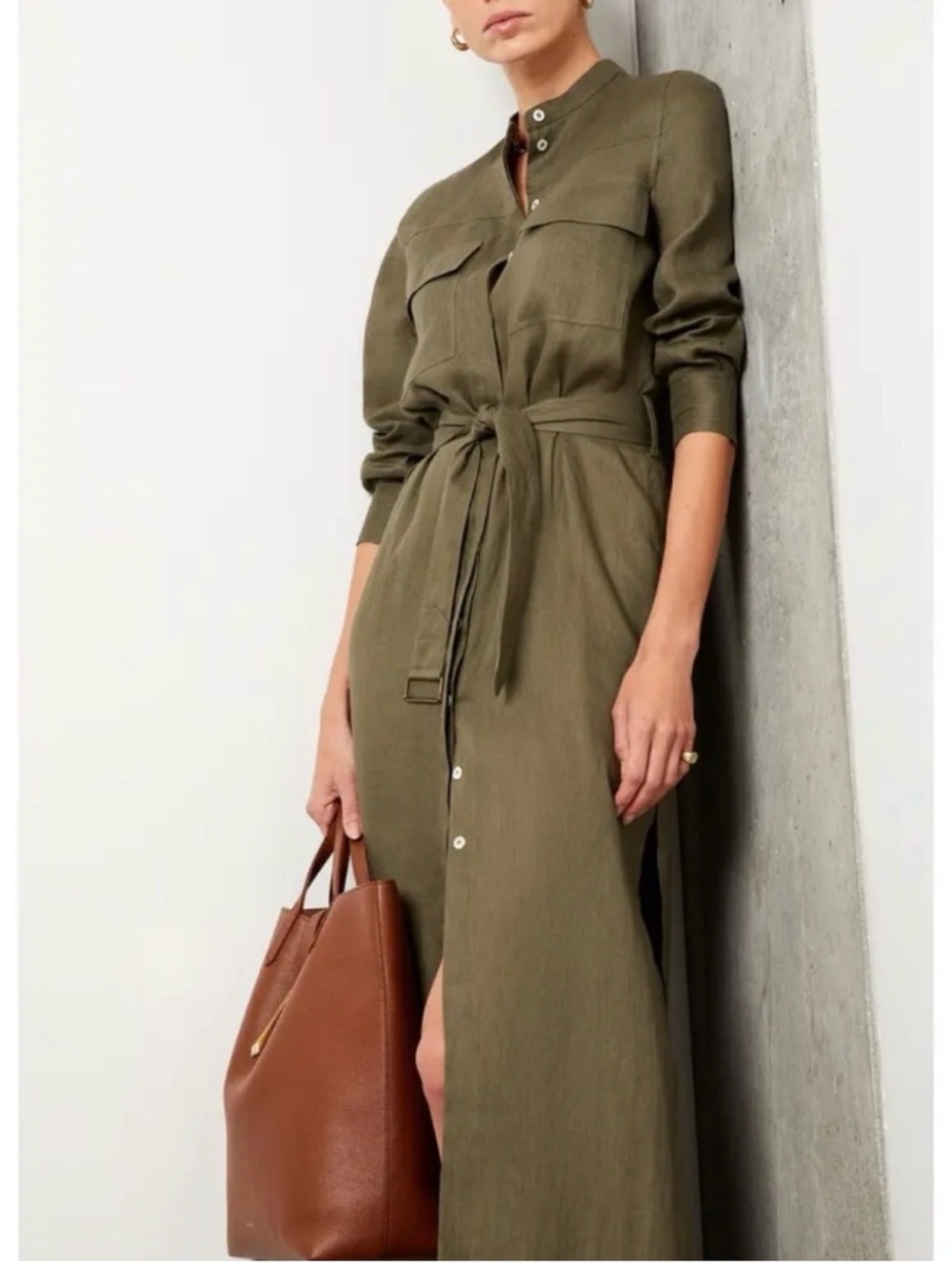 Goop Southampton Olive Green Linen Dress with Tie Waist (0)